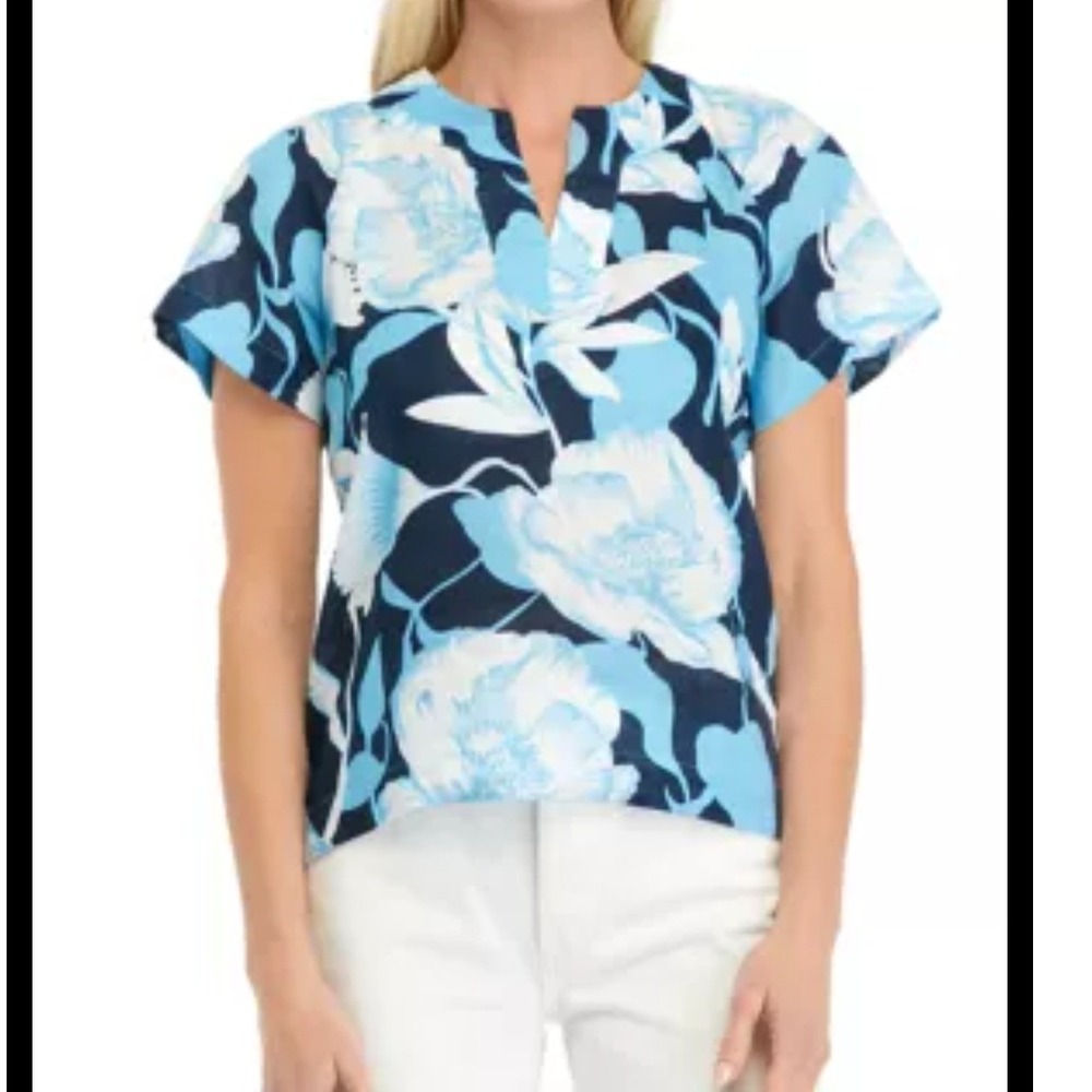 Elie Tahari Linen Top Blue Floral V-Neck Short Sleeve Beachy Blouse Large Casual